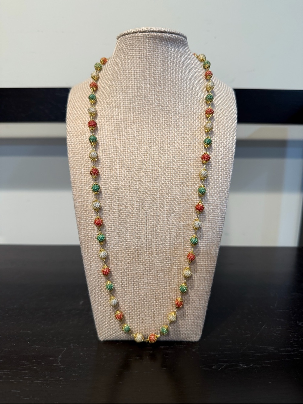 Vintage Multicolor Enamel Filigree Bead Necklace Gold Tone
